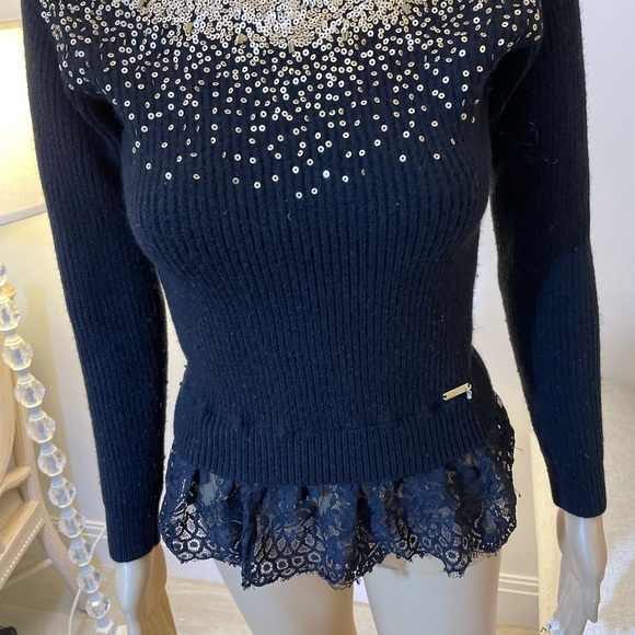 Guess, Black Sequined Sweater W/ Lace bottom Sz 10 - Picture 6 of 9